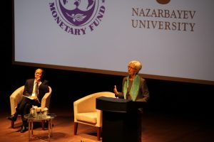 On May 24, Christine Lagarde, Managing Director of the International Monetary Fund, spoke with NU staff and students on the current and prospective global and regional environment, as well as the challenges and opportunities for Kazakhstan, the Caucasus, and the Central Asia region. Lagarde said that Kazakhstan needs to implement a new generation of reforms which will make Kazakhstan's economy more productive.