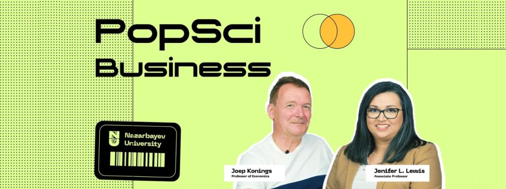 Главные герои премьерного выпуска нового YouTube-проекта НУ ‘PopSci’ Дженифер Л. Льюис и Йозеф Кеннингс профессоры ВШБ НУ.