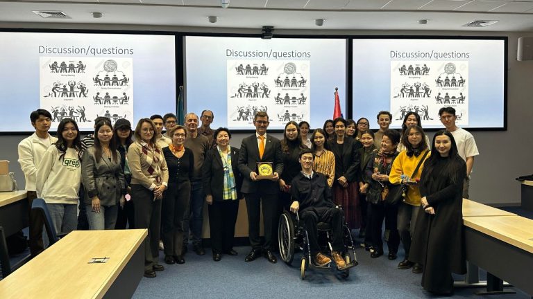 The lecture was held for the university community: students, faculty and staff. The Ambassador just arrived in Kazakhstan 1.