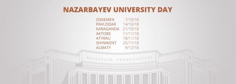 Do not miss your chance to get information about academic programs, admission and unique learning opportunities at NU in your city. Oskemen - 7/10/18Pavlodar - 14/10/18Karaganda - 21/10/18Aktobe - 11/11/18Atyrau - 18/11/18Shymkent - 25/11/18Almaty - 9/12/18 10:00 - 11:00 Registration11:00 - 13:00 Presentations and consultations on admission to the foundation (preparatory year) and undergraduate14:00 - 17:00 Presentations and consultations on master, phd admission requirements Registration form and the details are available via this link day.