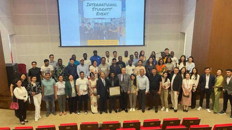 At the event, the NU President Shigeo Katsu, NU Provost Adesida Ilesanmi, the vice-president Kadisha Dairova, and the head of the Association of International Students (AOIS) Mohammad Habib Abdullah greeted all international students with welcoming speeches. Then, the NU President Shigeo Katsu handed the first Exceptional Graduating International Student's Award to an international student from Ethiopia, Kebir Mohammed Jemal, who has recently graduated with an honorary Master of Engineering Management from the NU School of Engineering and Digital Sciences (NU SEDS).