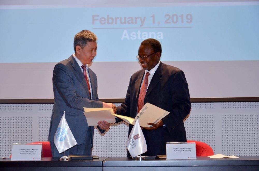On February 1, 2019, the National Institute of Intellectual Property of the Ministry of Justice of the RK and NU signed a Memorandum of Cooperation. The parties intend to cooperate in developing an innovation economy, human capital and high-tech knowledge in Kazakhstan.