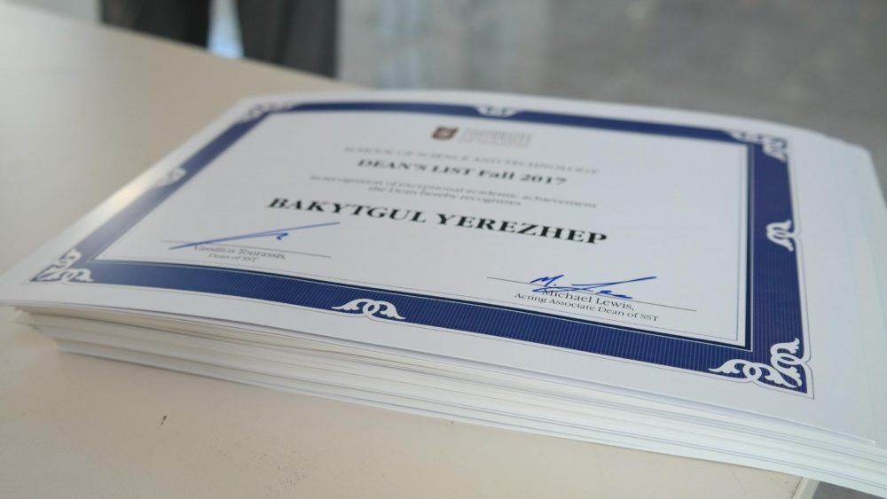 On February 8, 2018, Dean’s List Award Ceremony for SST students took place in the new Atrium of NU. 120 undergraduate and 20 graduate students received certificates from the hands of the Dean Vassilios Tourassis and Vice-Dean Michael Lewis.