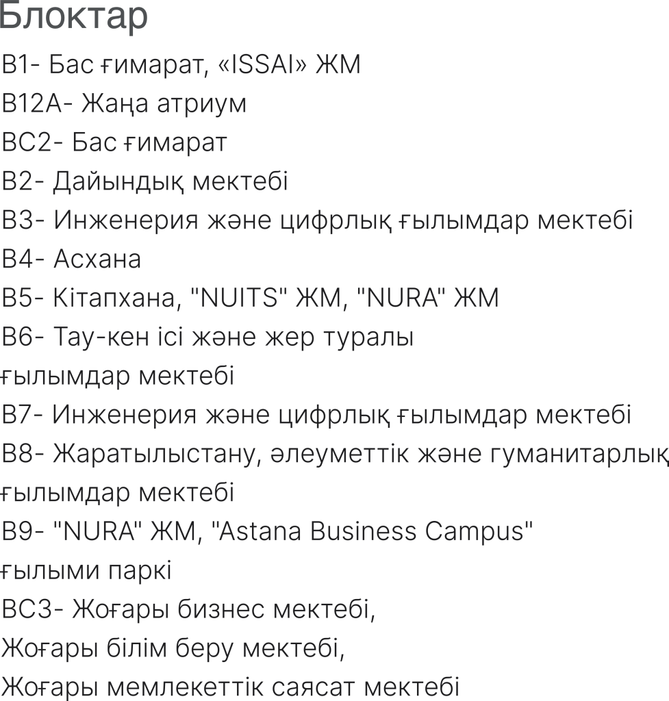 Кампустағы өмір 4 444 Nazarbayev University-дің кампусында студенттерге, оқытушылар мен қызметкерлерге университет өмірінің барлық қырларын сезіну үшін барлық жағдай жасалған. Көптеген қызметтер мен мүмкіндіктердің арқасында біз әркім өмір сүре алатын, оқып, жаңа идеяларды дамытатын, жеке және кәсіби салаларда өсіп, өмірден ляззат алатын табысты қауымдастық құруға тырысамыз!